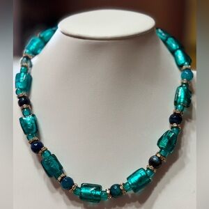 Handmade Teal Lamp Work Beaded Necklace and rhinestones toggle clasp 18 inches